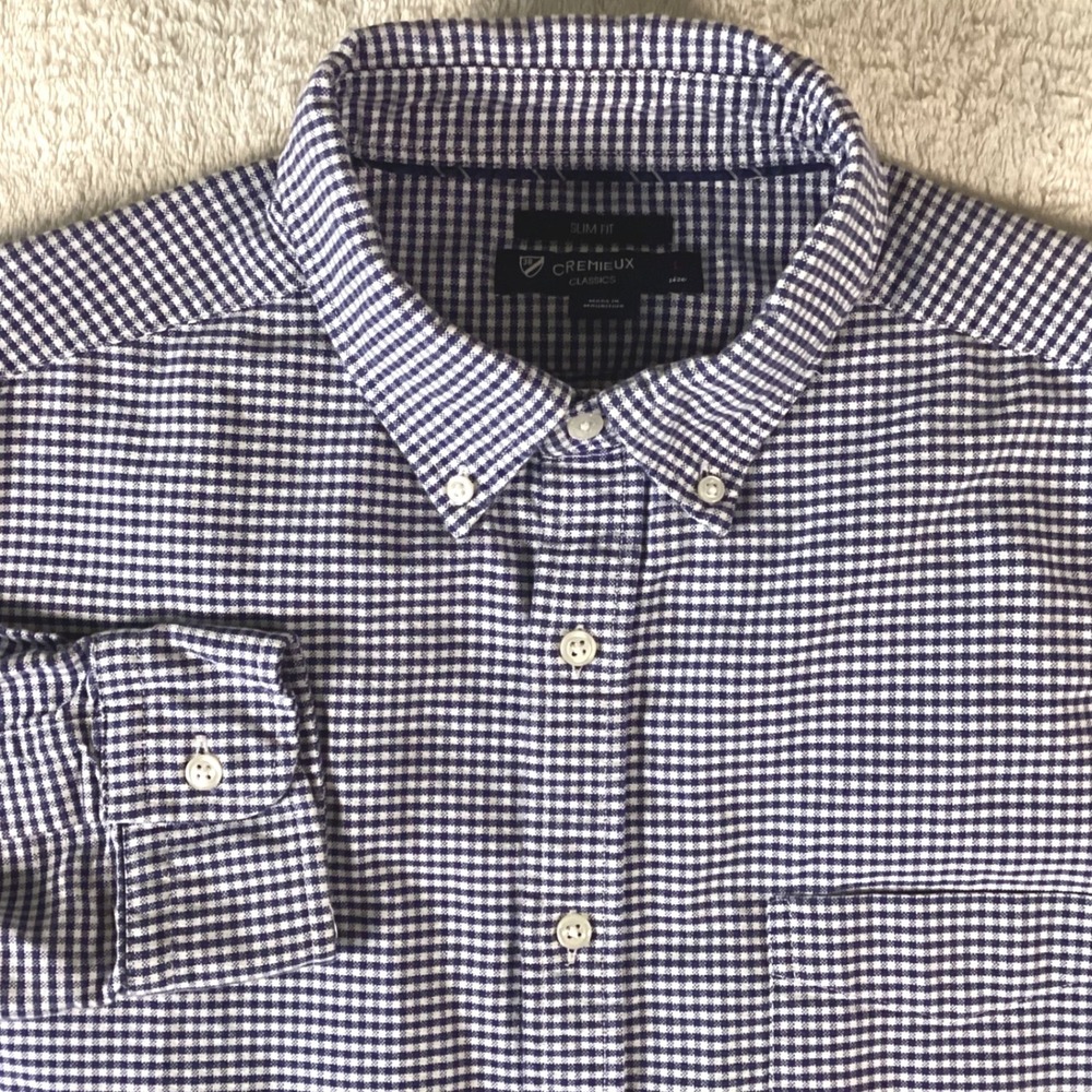 Cremieux Classics Mens Slim Fit Gingham Button Down Shirt Navy‎ Blue White Large